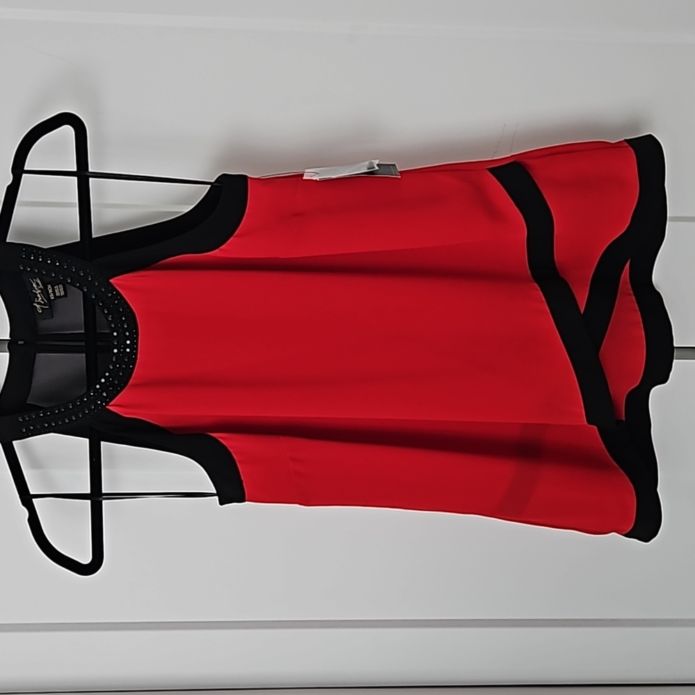 XS Red sleevless asymmetrical layered top with beaded neck